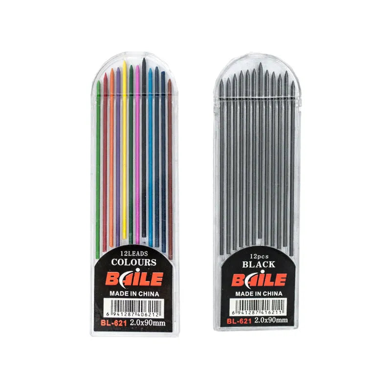 Colourful automatic lead refills in black and multicolor 2.0mm x 90mm pack for student drawing and writing