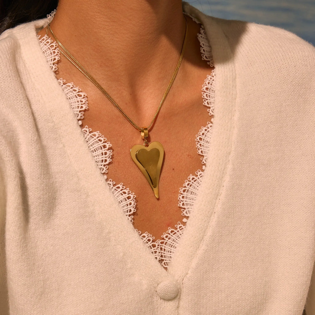 Geometric double heart pendant necklace with snake bones chain in stainless steel, gold tone and steel colour options