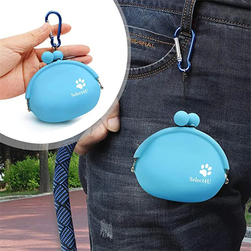 Yellow silicone dog treat pouch with hook-and-loop closure on a waist belt