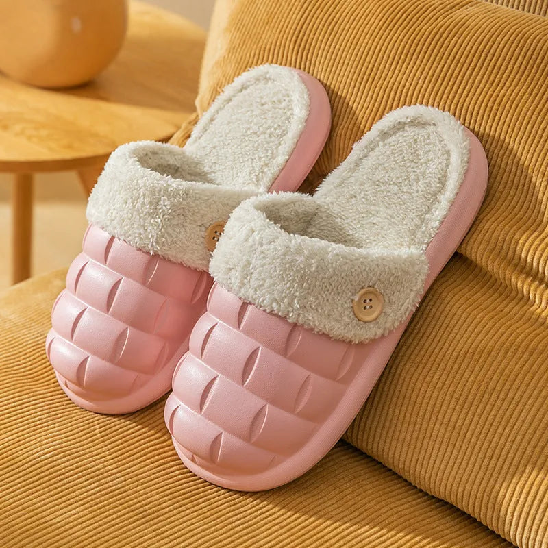 Plaid detachable EVA house slippers with plush lining, shown in assorted colours.