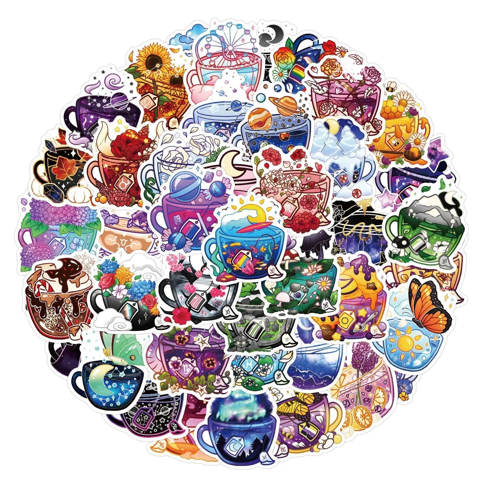 Colourful tea cup graffiti design waterproof stickers, 50-piece pack for scooter and luggage decoration.