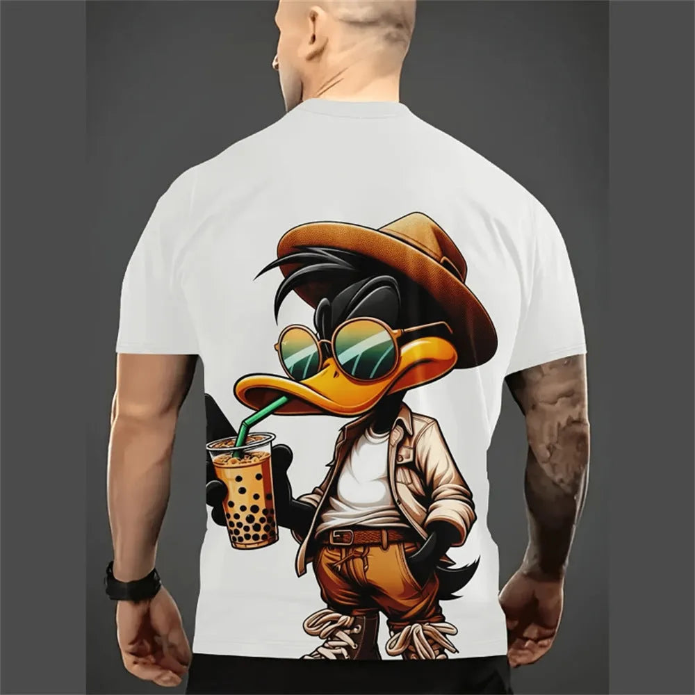 Men's loose fit cartoon printed short sleeve T-shirt in milk silk linen fabric for summer