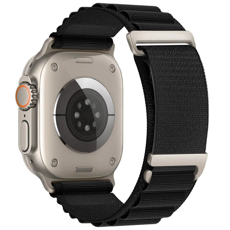 Nylon loop watch strap for Apple Watch with two-section high mountain weave in black colour, fits 38mm to 49mm sizes