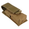 Black tactical Molle waist pouch with elastic cord buckle, shown attached to a belt.