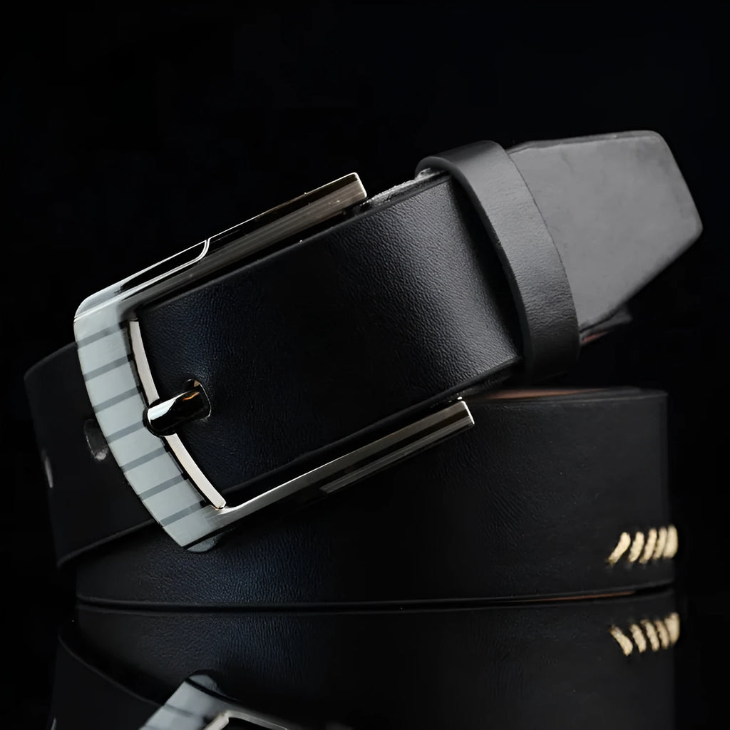 Men's threading casual belt with retro pin buckle in black imitation leather