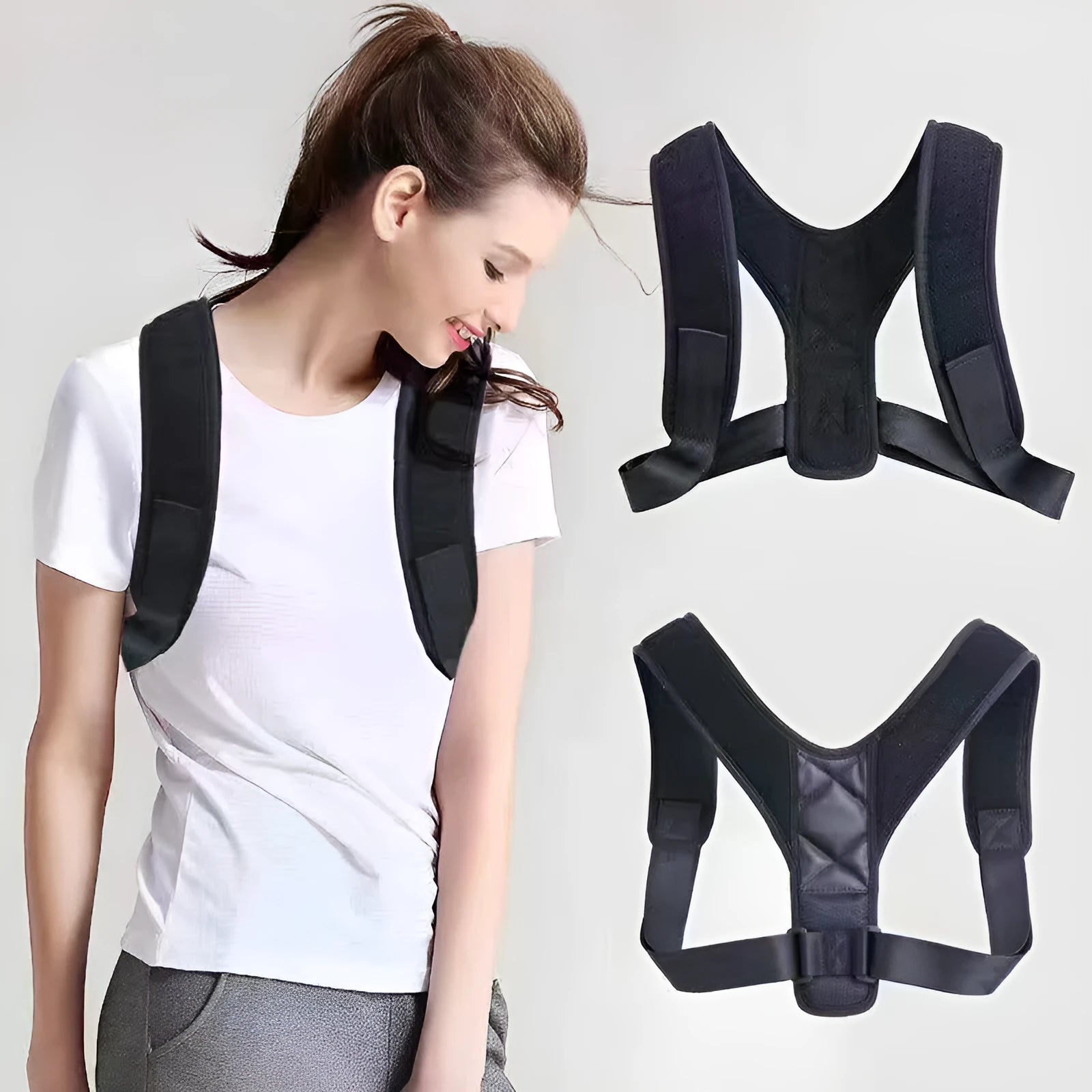 Babaka brand adjustable nylon posture correction band for back support.