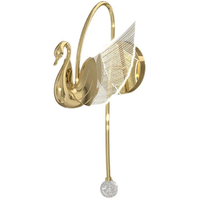 Gold swan-shaped wall lamp with acrylic shade and dimmable LED light.