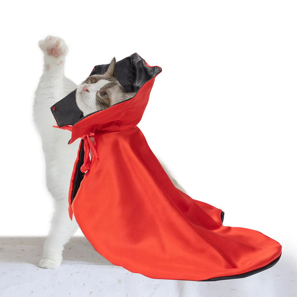 Red Halloween cape costume for a small dog or cat on a mannequin