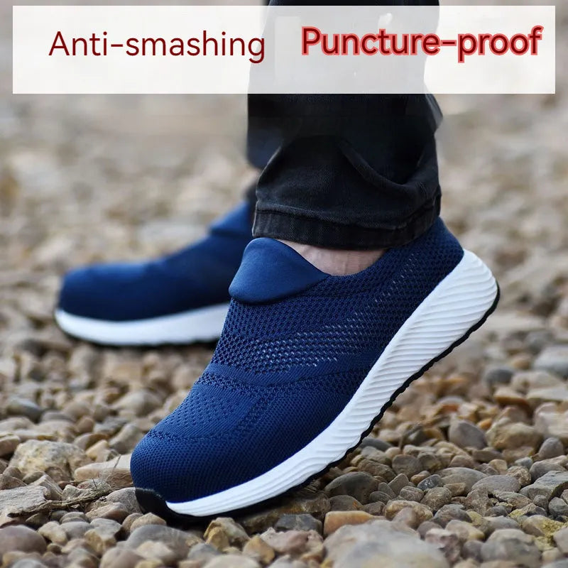 Men's steel toe work shoes with anti-puncture soles in black, blue, red colours