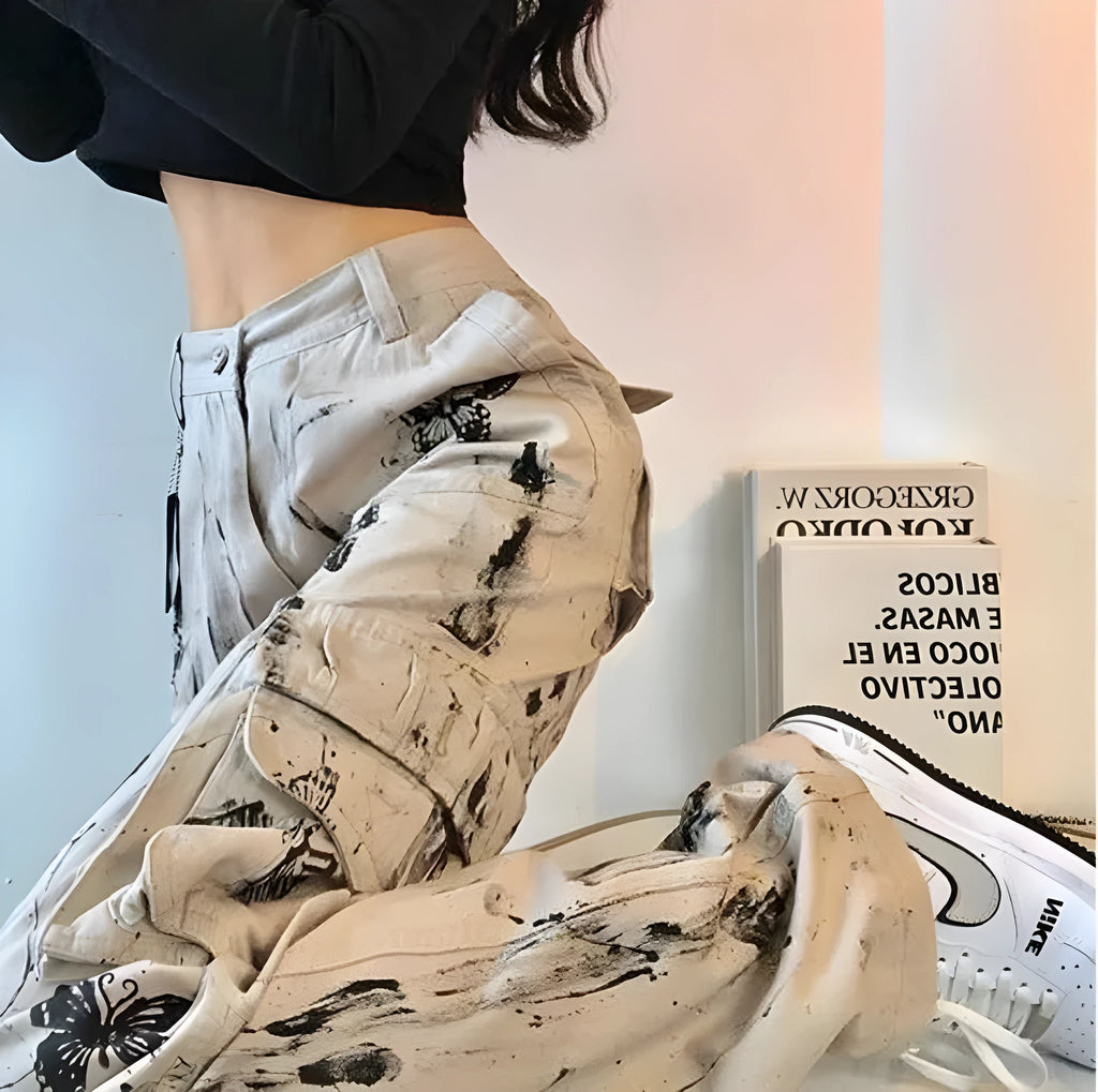 Y2k splattered ink tie-dye butterfly tooling pants women grey polyester drawstring waist loose fit trousers