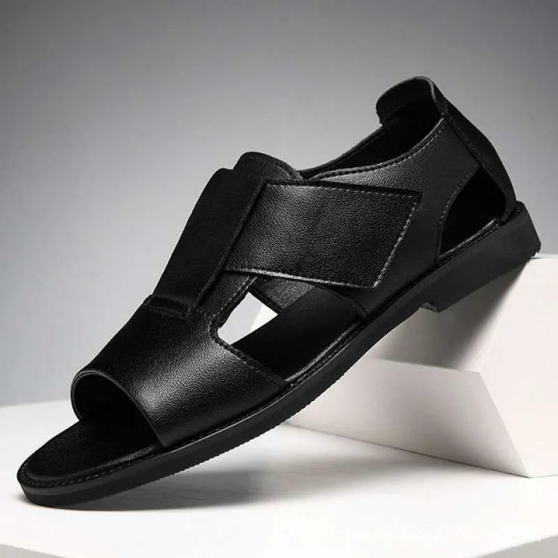 Men's black leather casual sandals with open toe design and non-slip rubber soles