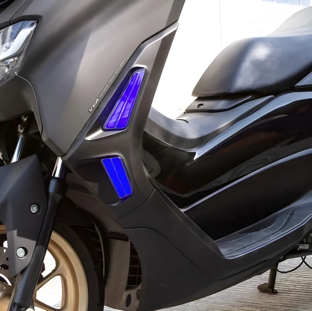 Pair of LED turn signal lights for Yamaha NMAX155 scooter in blue and yellow colour.