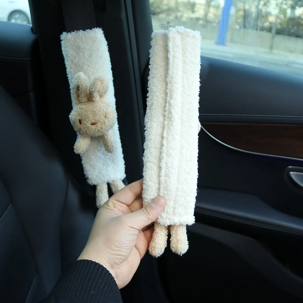 Cartoon plush car seatbelt shoulder protector in rabbit and bear designs made from lamb wool