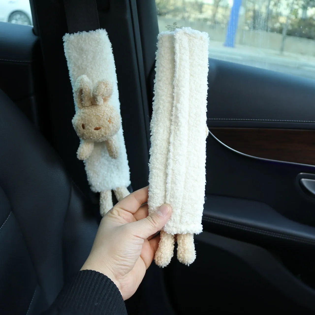 Cartoon plush car seatbelt shoulder protector in rabbit and bear designs made from lamb wool