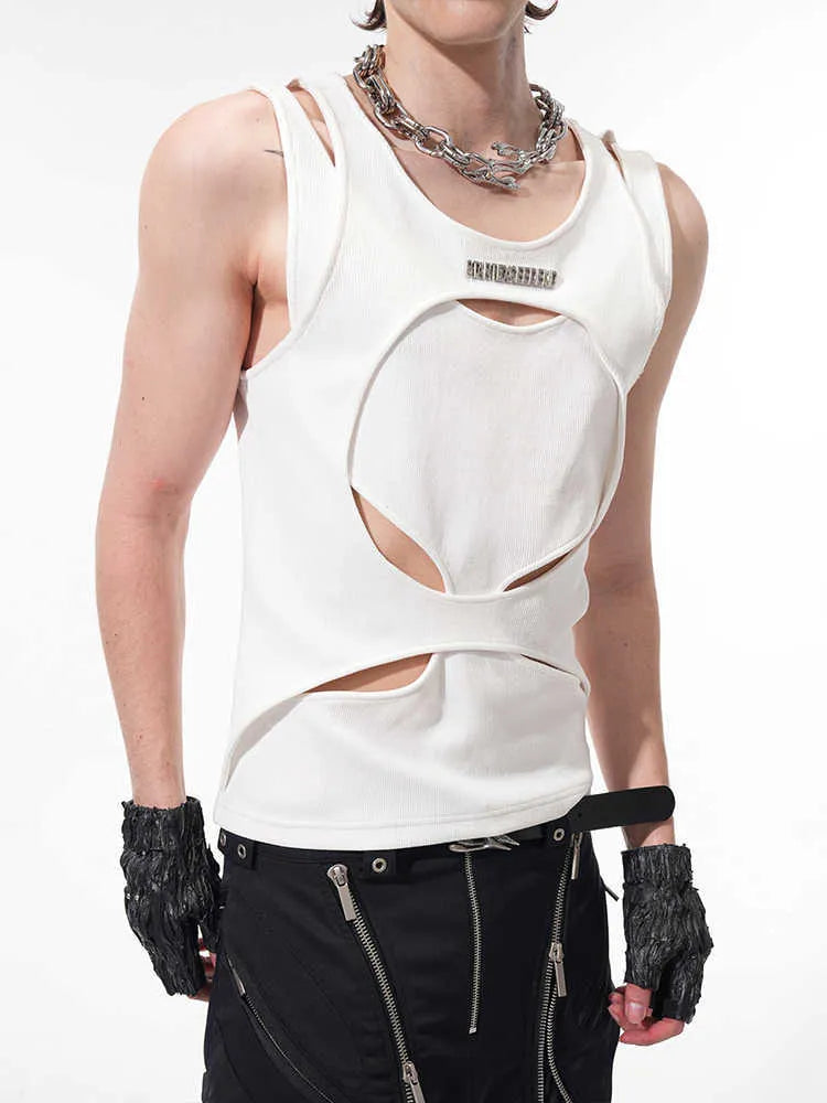 Man's loose fit sleeveless waistcoat in white hollow thread fabric, showing round neck and pullover design.