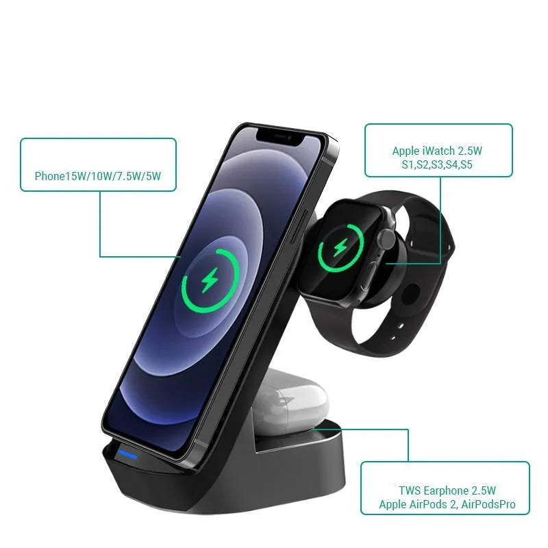 Black grey foldable 3-in-1 wireless charger vertical stand showing phone, watch and headphone charging
