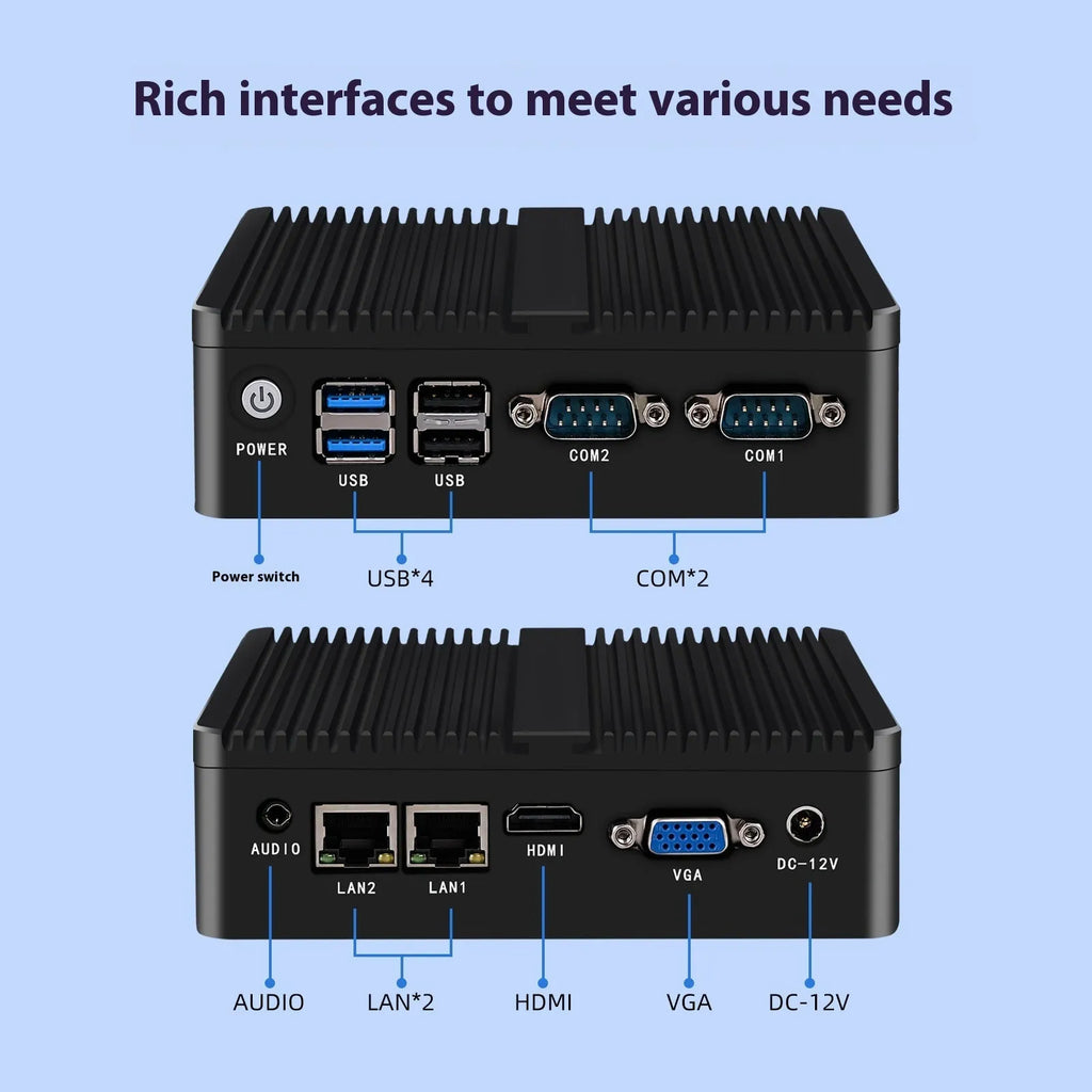 Compact metal industrial fanless mini PC host for control systems with connectivity ports.