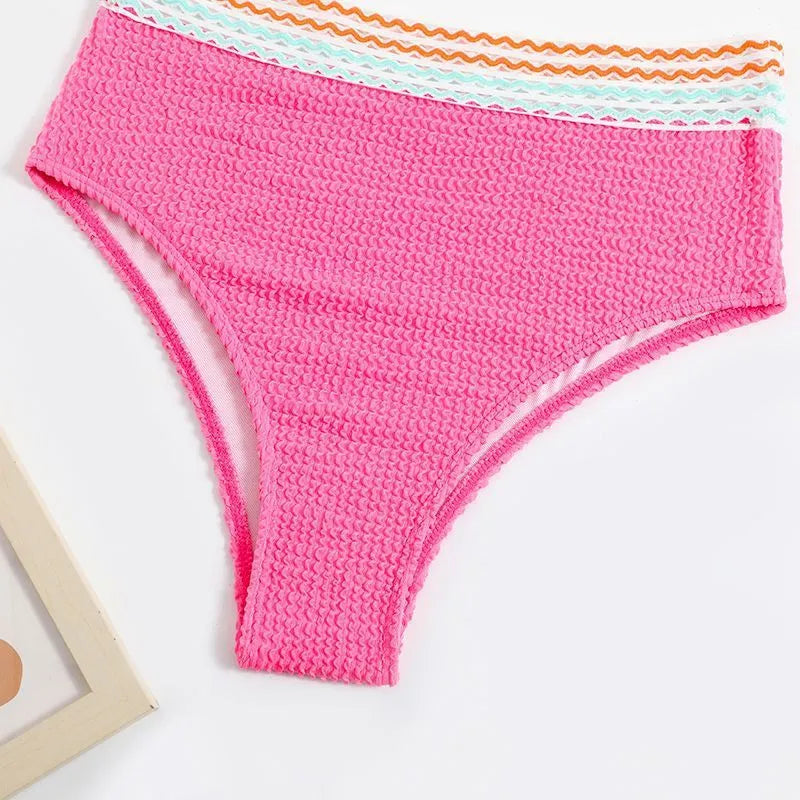 Women's high waist solid colour bikini swimsuit set in pink or white.