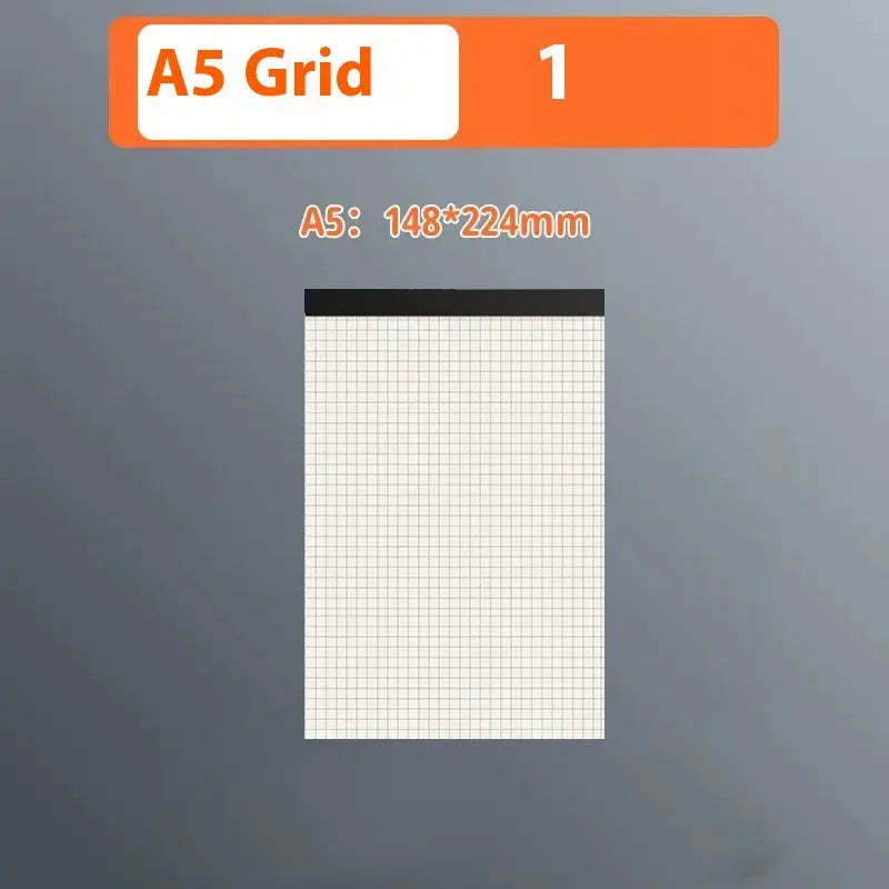 A5 and B5 thick tearable writing pads in blank, grid, and lined ruling styles with 80 sheets.