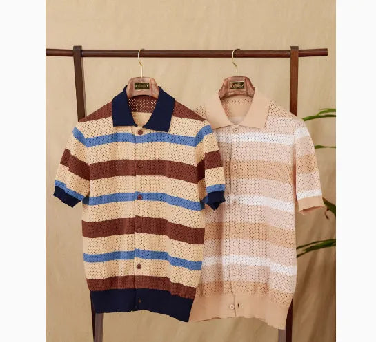Retro casual hollow lapel short sleeve striped cotton top in White, front view
