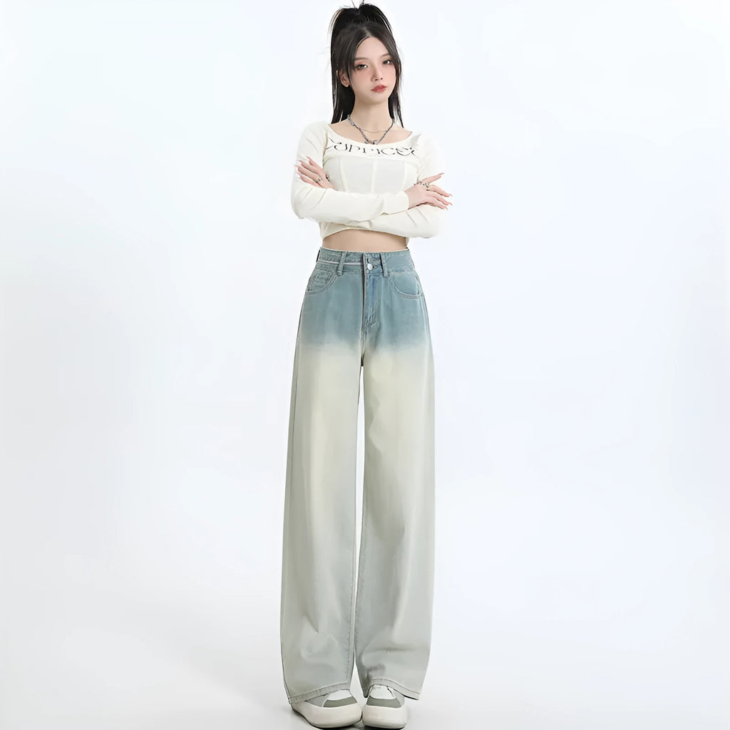 Women's gradient blue straight-leg denim trousers in cotton fabric