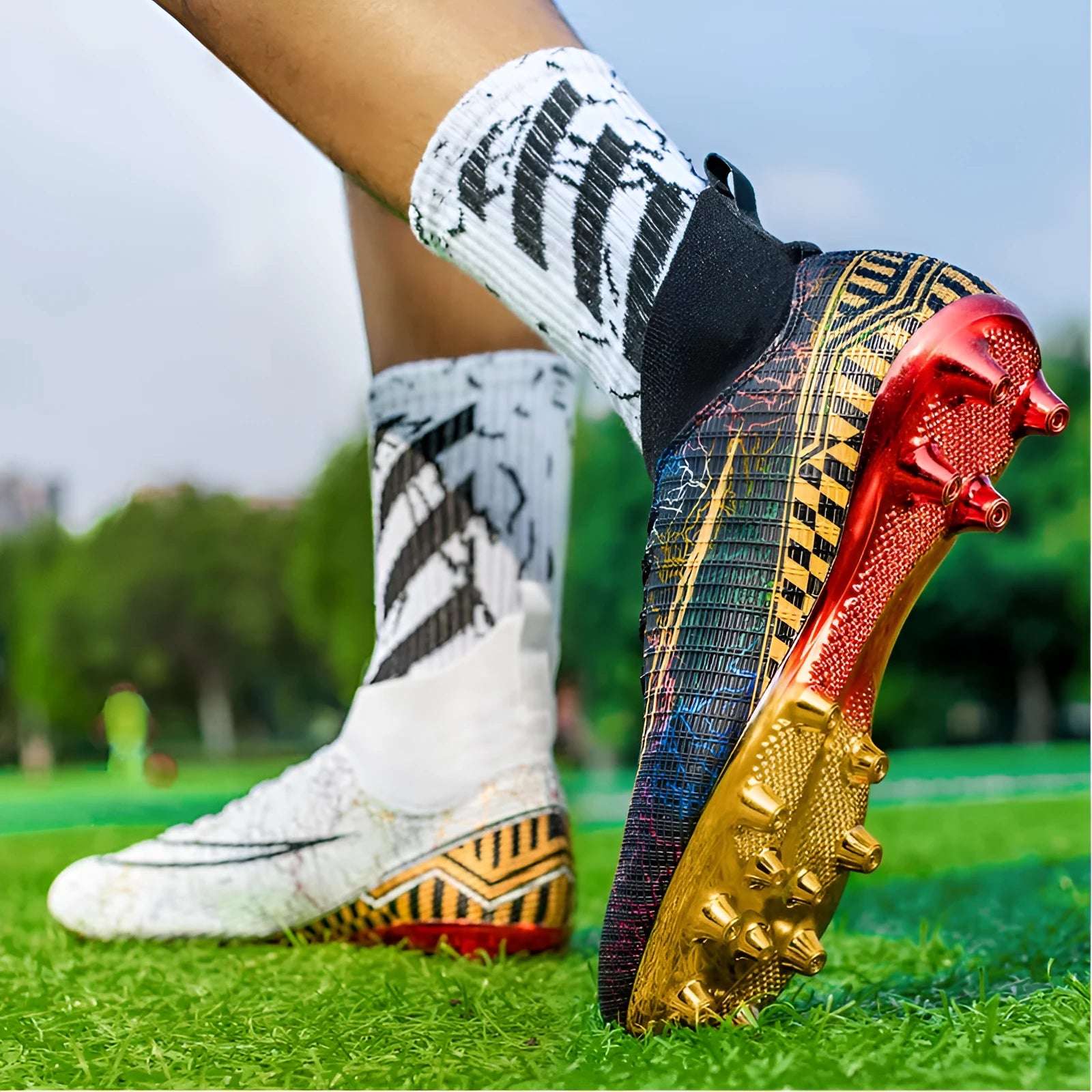 Men's high-top football trainers with gold-plated PVC soles and synthetic leather upper in multiple colours