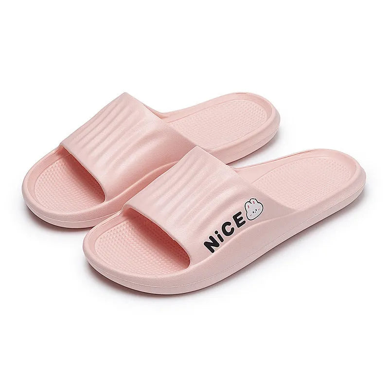 Minimalist cartoon pattern EVA flip flop slippers for household wear, shown in multiple colours.