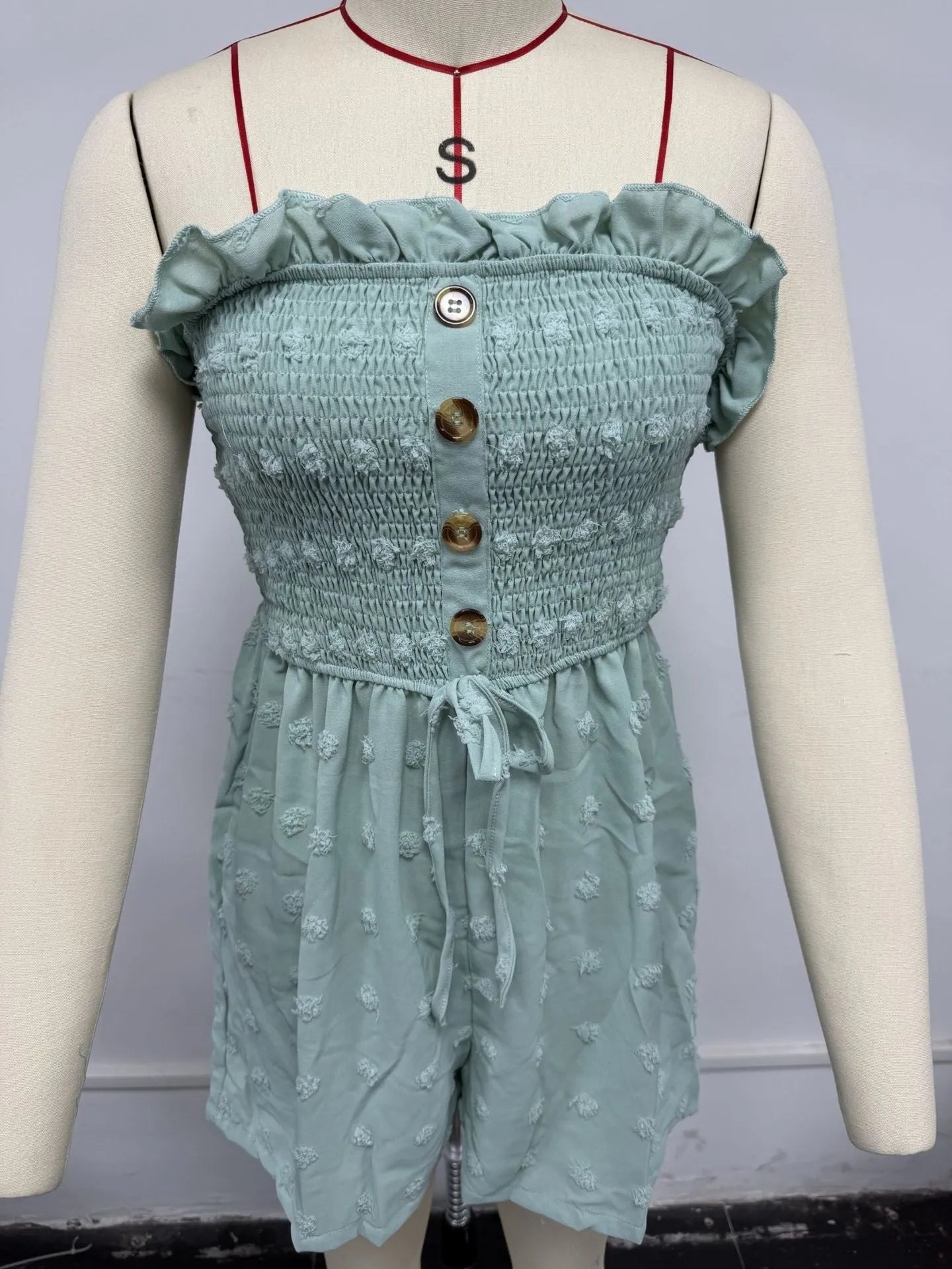 Women's off-shoulder sleeveless jumpsuit in blue solid colour with button detail