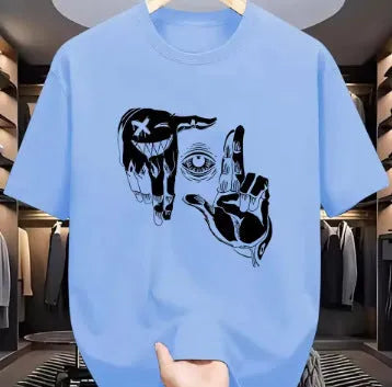 Men's cartoon print t-shirt in bird eye cloth showing round neck and short sleeve design