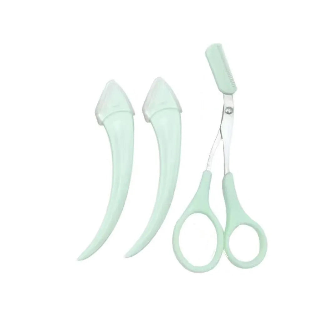 White and pink eyebrow trimmer with stainless steel blade and curved plastic comb