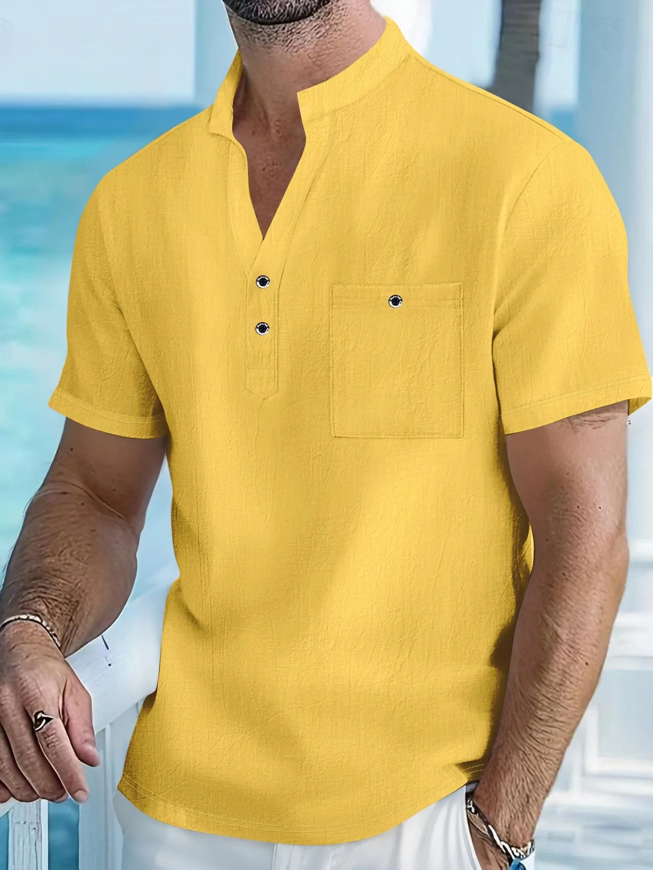 Men's linen short sleeve shirt with stand collar in light blue colour