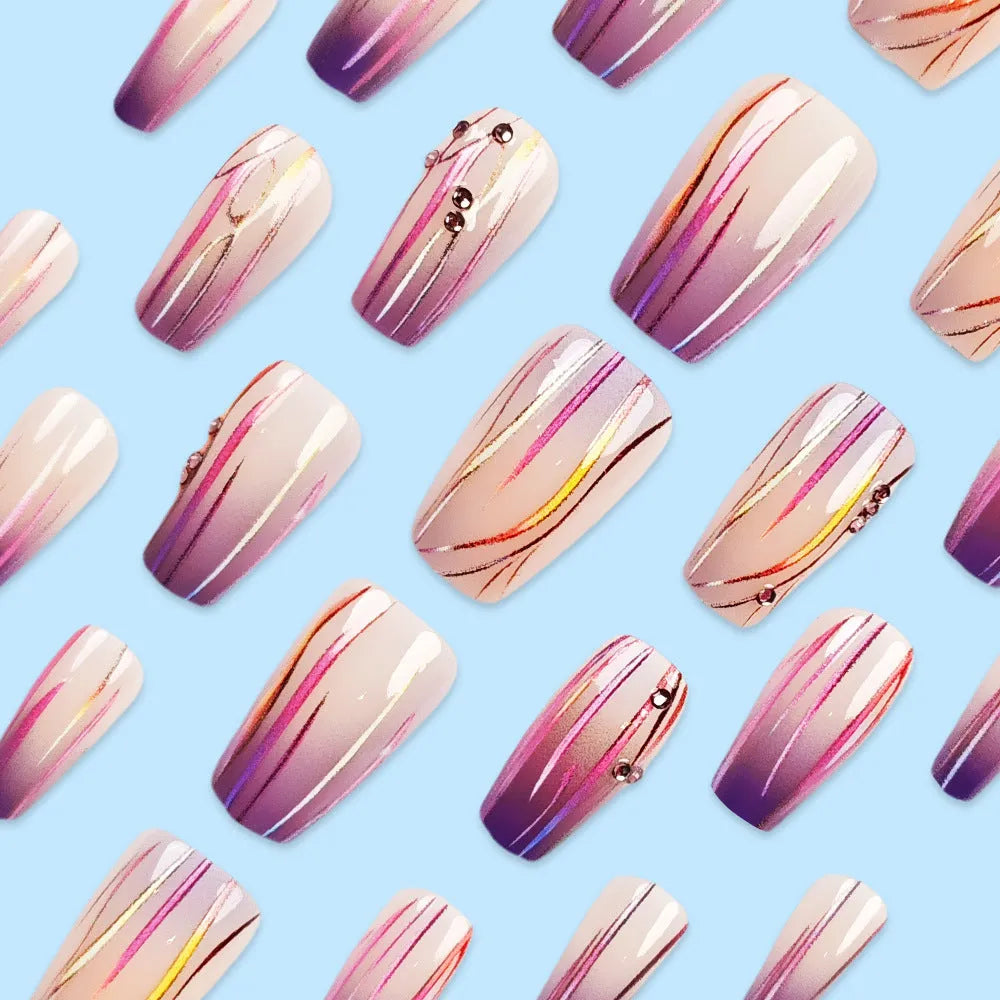 Pack of 24 magic purple gradient nail stickers with starry sky pattern and bottle of jelly glue