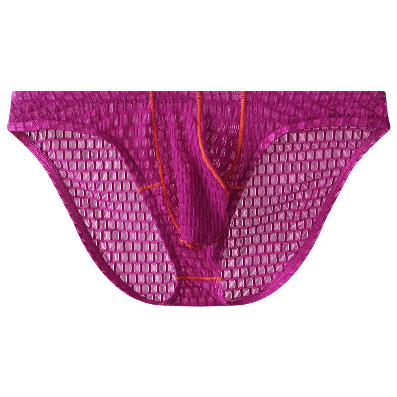 Men's low waist lace briefs in white, black, green, rose red, or light purple on a plain background.