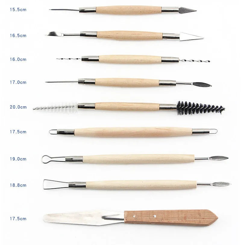 27-piece pottery clay tool set with wooden handles and stainless steel tools for sculpting