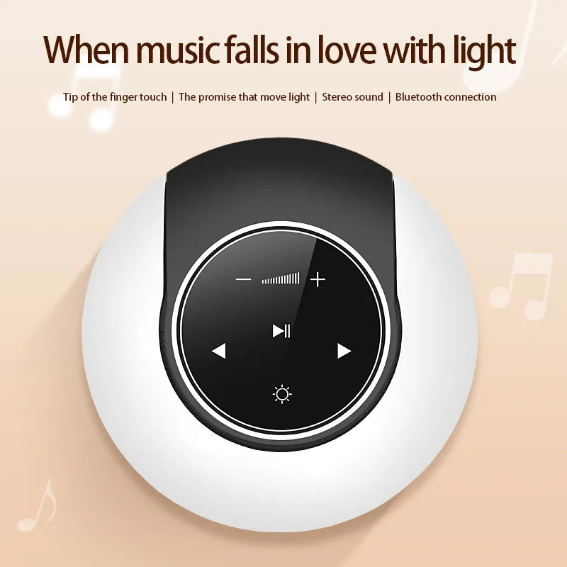 Bluetooth desk lamp with speaker showing folding design, touch controls, and LED lighting in plastic housing