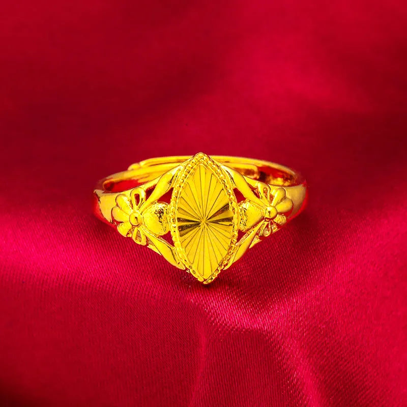 Gold electroplated brass open diamond flower ring with geometric texture