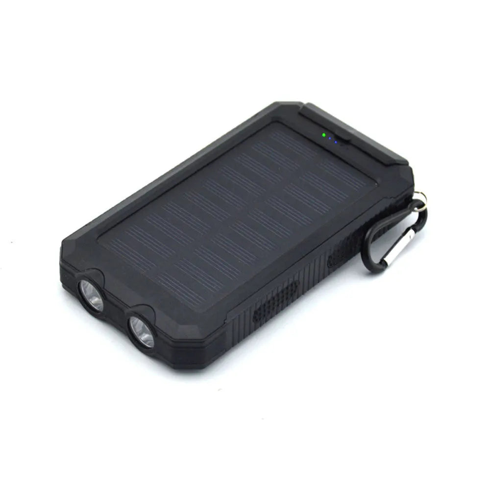 Black solar power bank with dual LED headlights showing 20000mAh capacity label