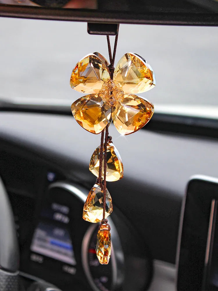 Crystal four leaf grass car interior pendant hanging from rear view mirror