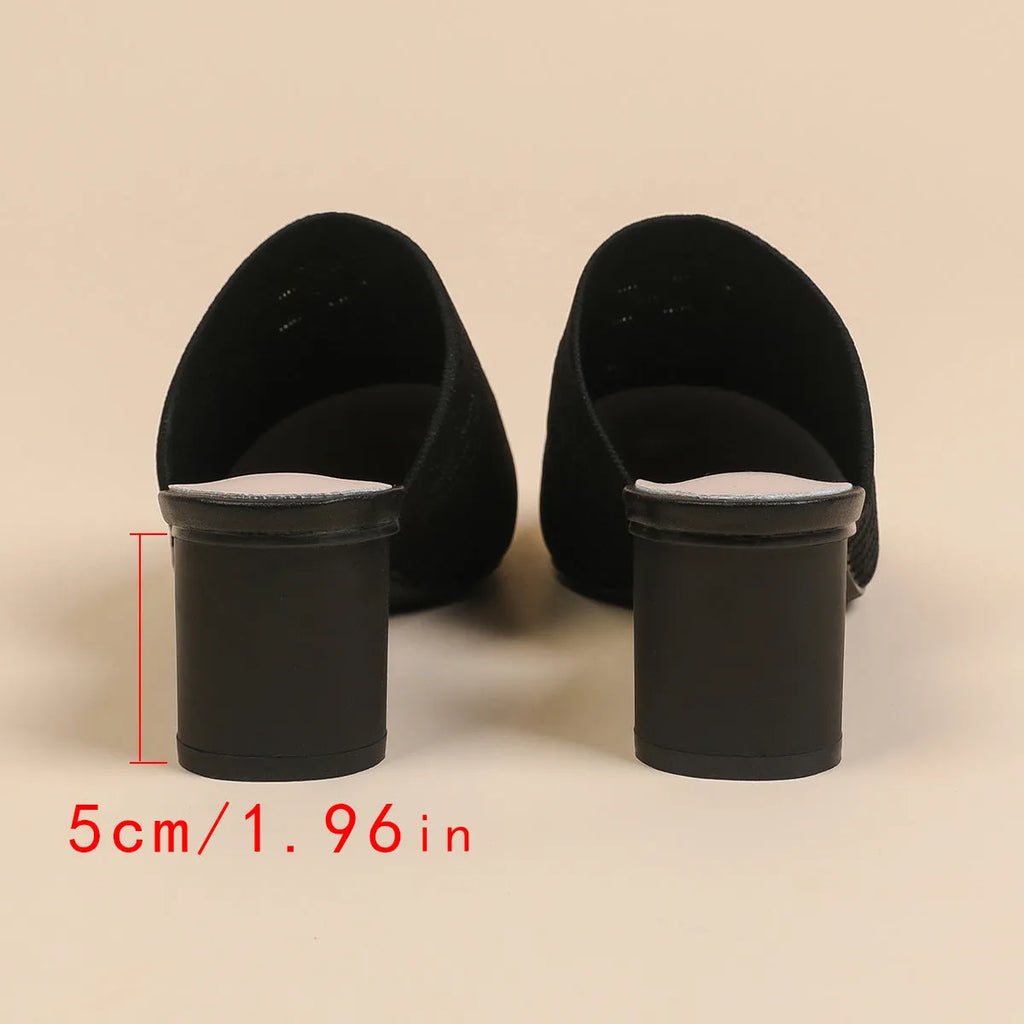 Women's pointed toe cap sandals with a 5cm chunky heel in a fabric upper and rubber sole.