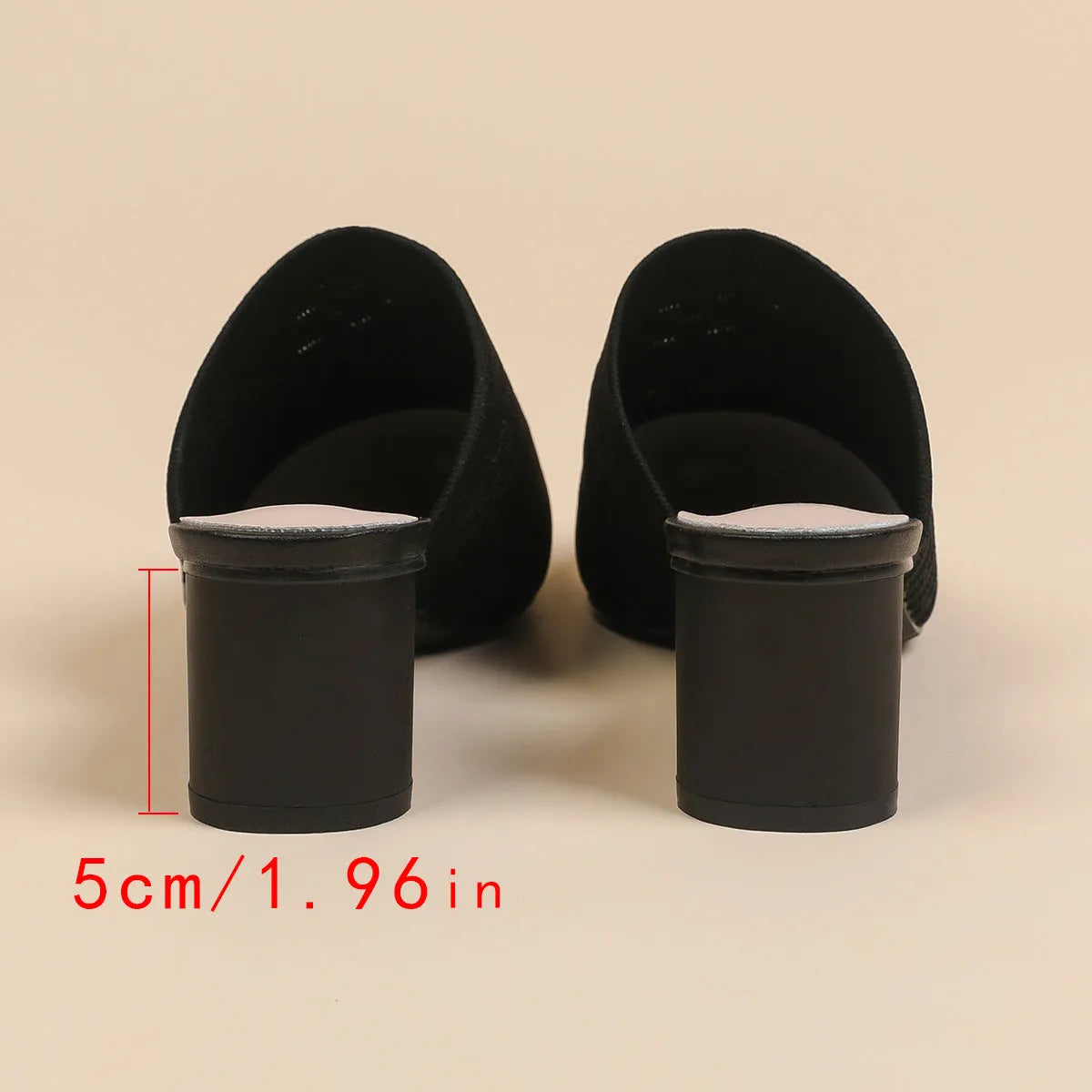 Women's pointed toe cap sandals with a 5cm chunky heel in a fabric upper and rubber sole.