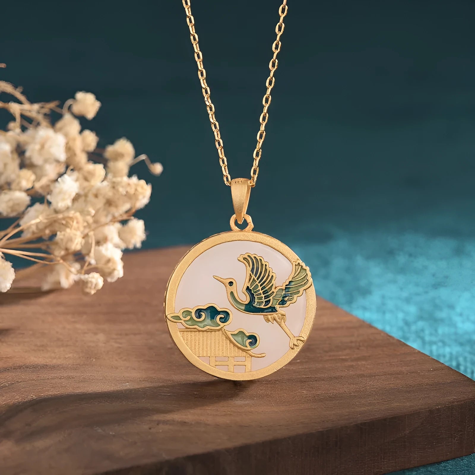 24k gold-plated Hetian jade peace buckle necklace with O-ring chain on collarbone
