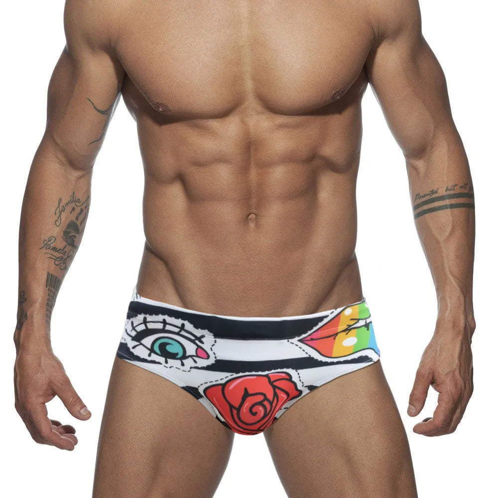 Men's striped tight underwear in rose colour nylon with polyester lining, available in sizes M to XXL