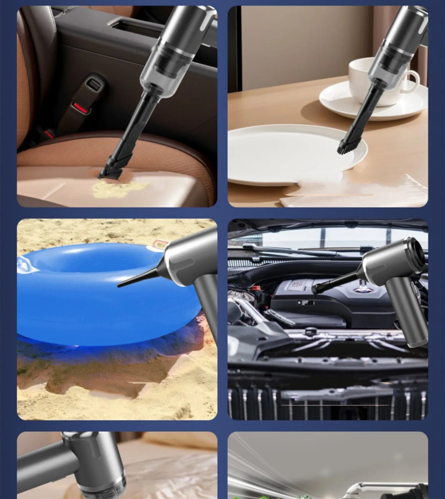 XY-2317 handheld cordless car vacuum cleaner with brush and nozzle attachments on a car seat.
