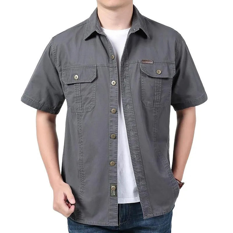 Men's solid colour cotton short sleeve cardigan shirt in dark blue, regular fit, summer wear