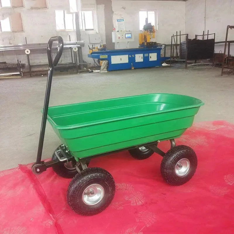Green four-wheel plastic dump truck with Steel PP body, shown with load bay dimensions 94cm long by 52cm wide.
