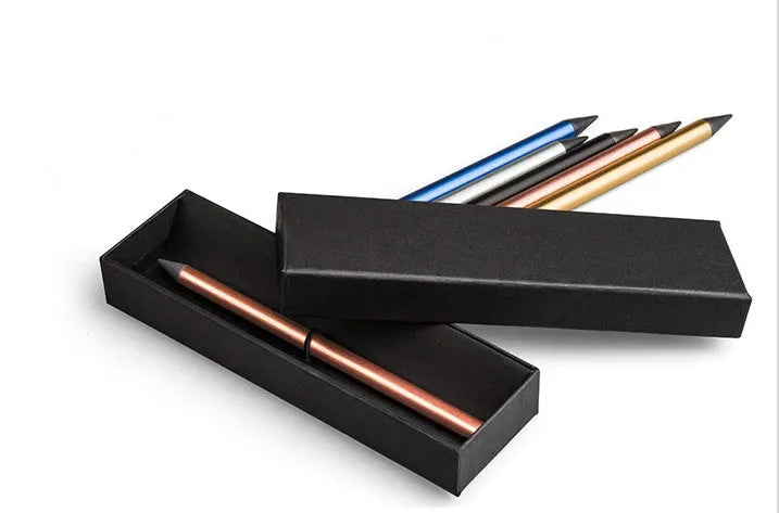 Silver inkless metal pen with alloy steel nib next to its presentation box and pen bag.