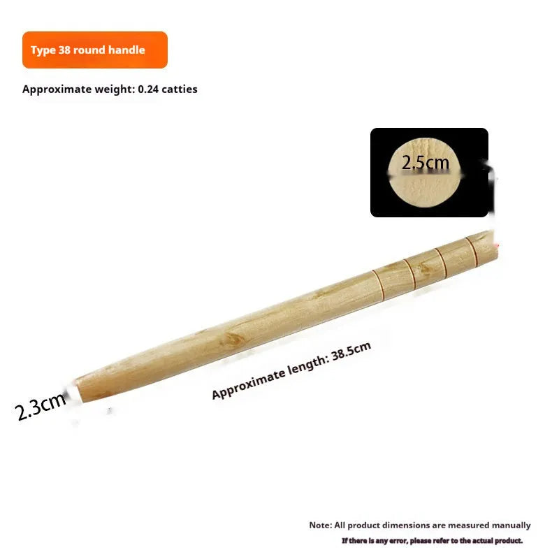 Locust wood tool handles for axes, hoes, and sickles in various lengths on a wooden surface.