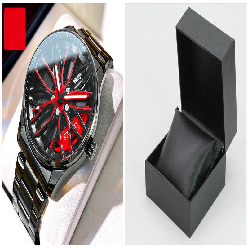 Men's hollowed-out luminous quartz watch with stainless steel strap showing black and red colour variant on a white background