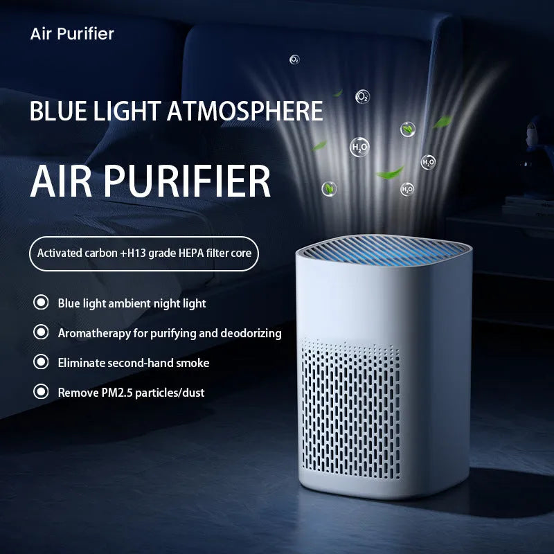 Simple style USB desktop air purifier and deodorant machine with panel heating on a desk.