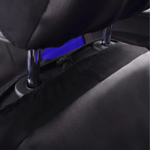 Artificial leather car seat cover set shown in vehicle with colour options and different set configurations